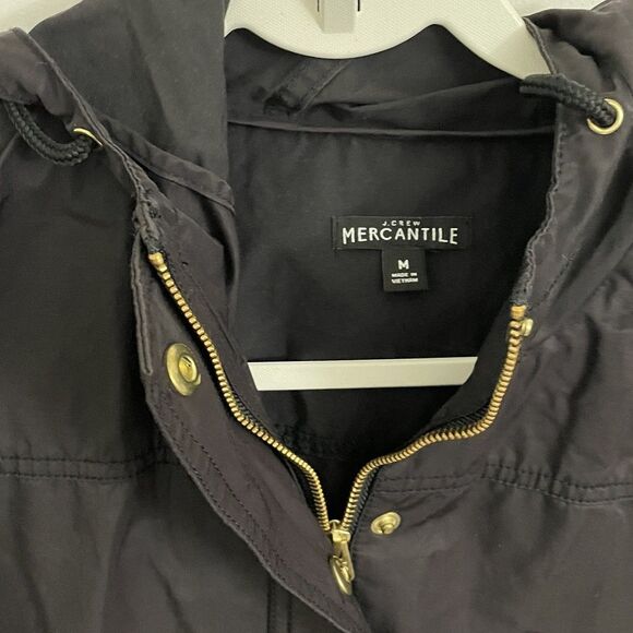 J. Crew Water Resistant Jacket Womens Medium Black Hooded Rain Full Zip Pockets - Picture 2 of 9